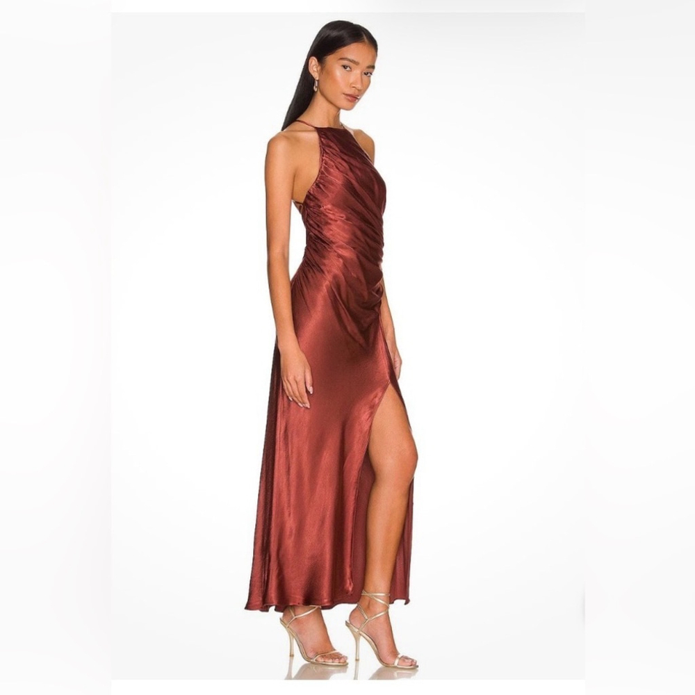 Shona Joy Thalia Gathered Bias Midi Dress Size 6 | Rust Satin Open Back Formal - Picture 7 of 8